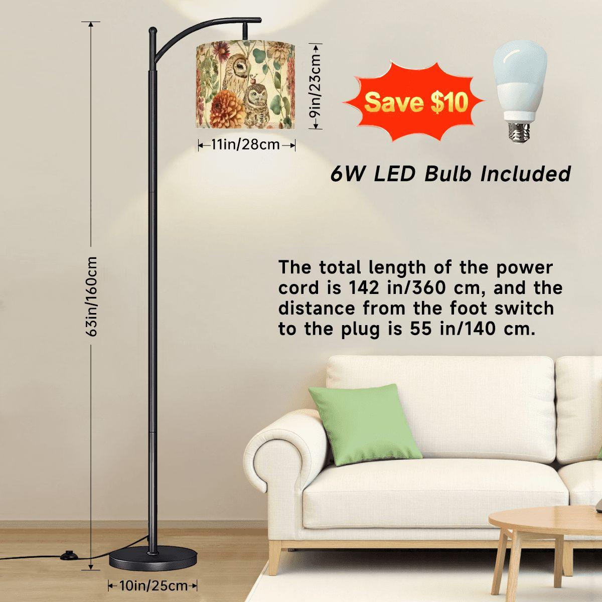 Autumn Owl Floral Arc Floor Lamp (Made in USA) Fabric Shade, Black Metal