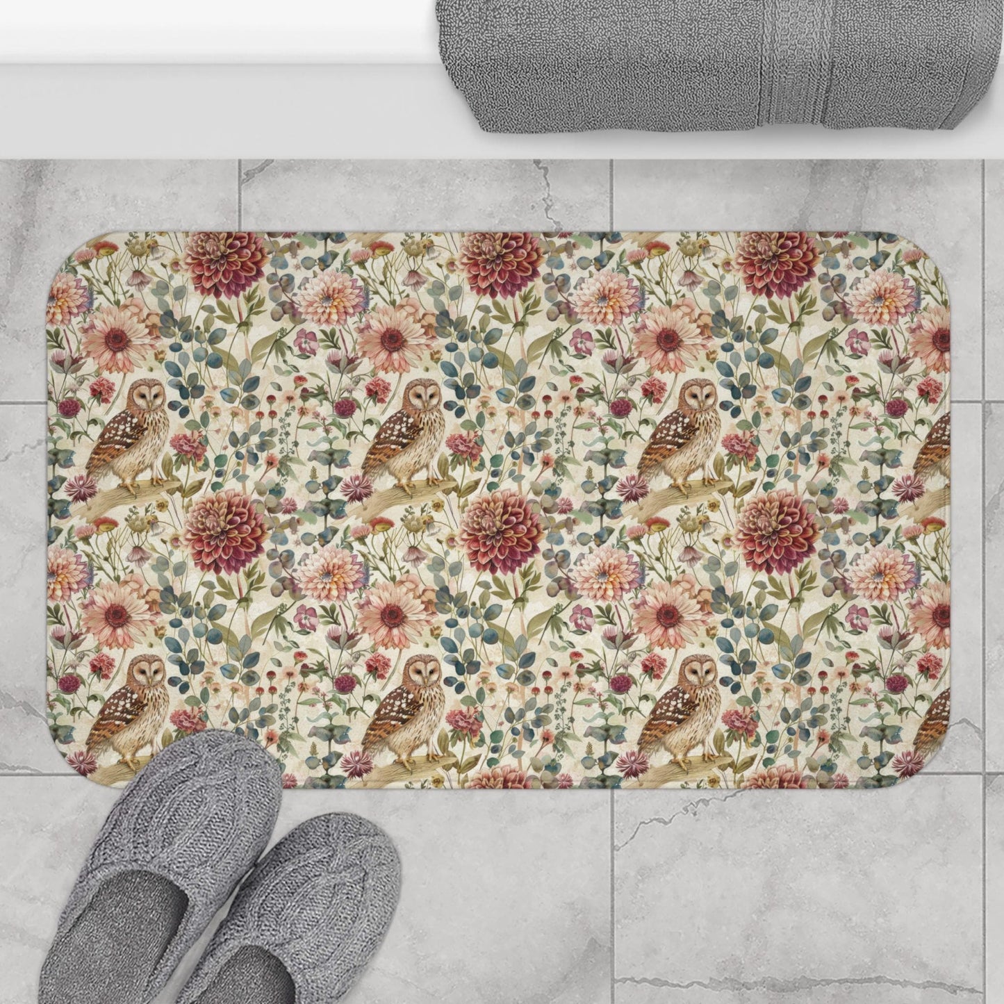 Floral Owl Bath Mat - Microfiber Two Sizes Bath Rug