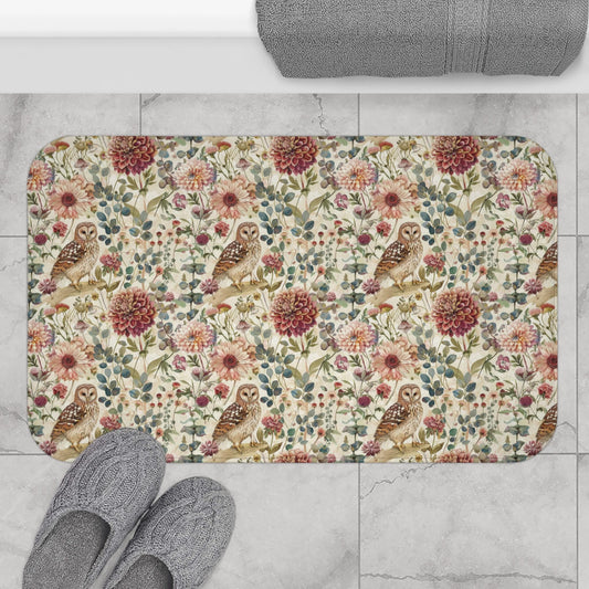 Floral Owl Bath Mat - Microfiber Two Sizes Bath Rug