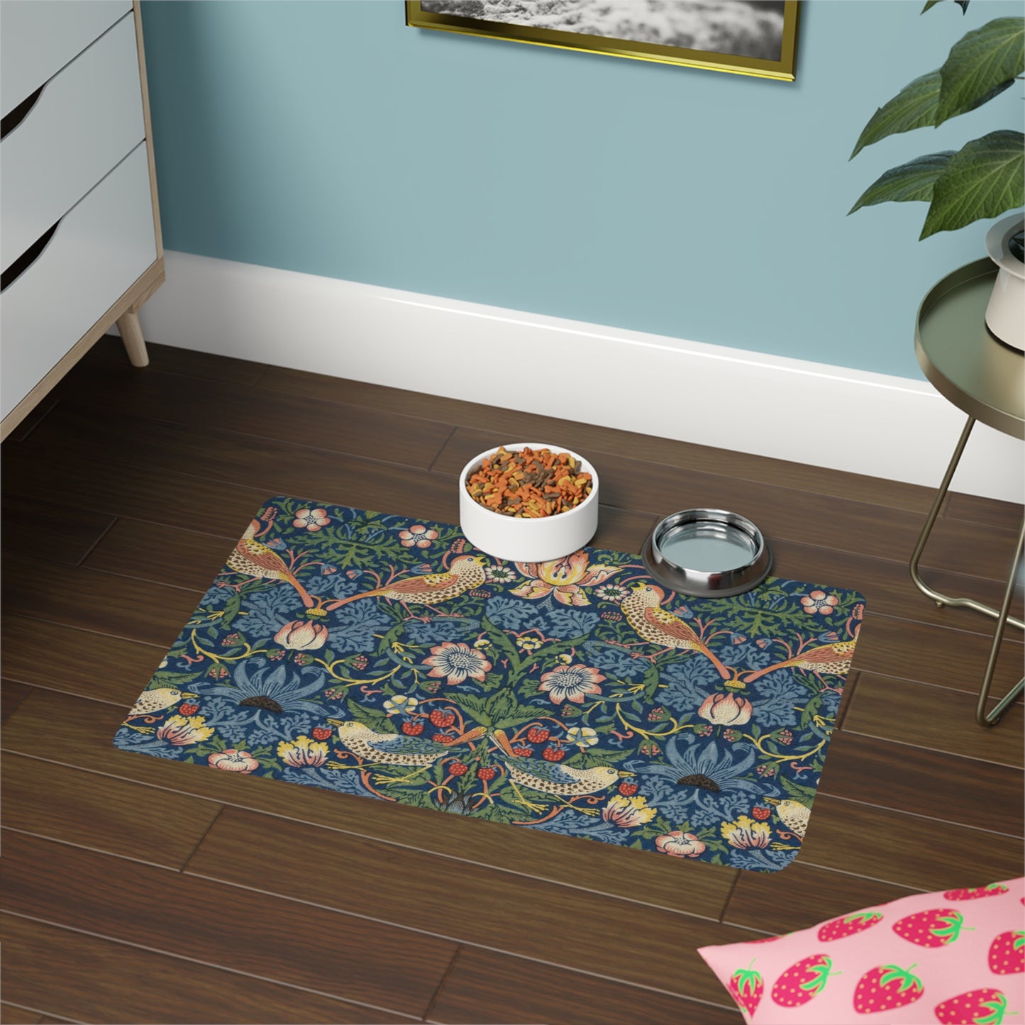 William Morris Strawberry Thief Pet Mat - Beautiful Arts and Crafts Boho Pet Food Mat (12x18)