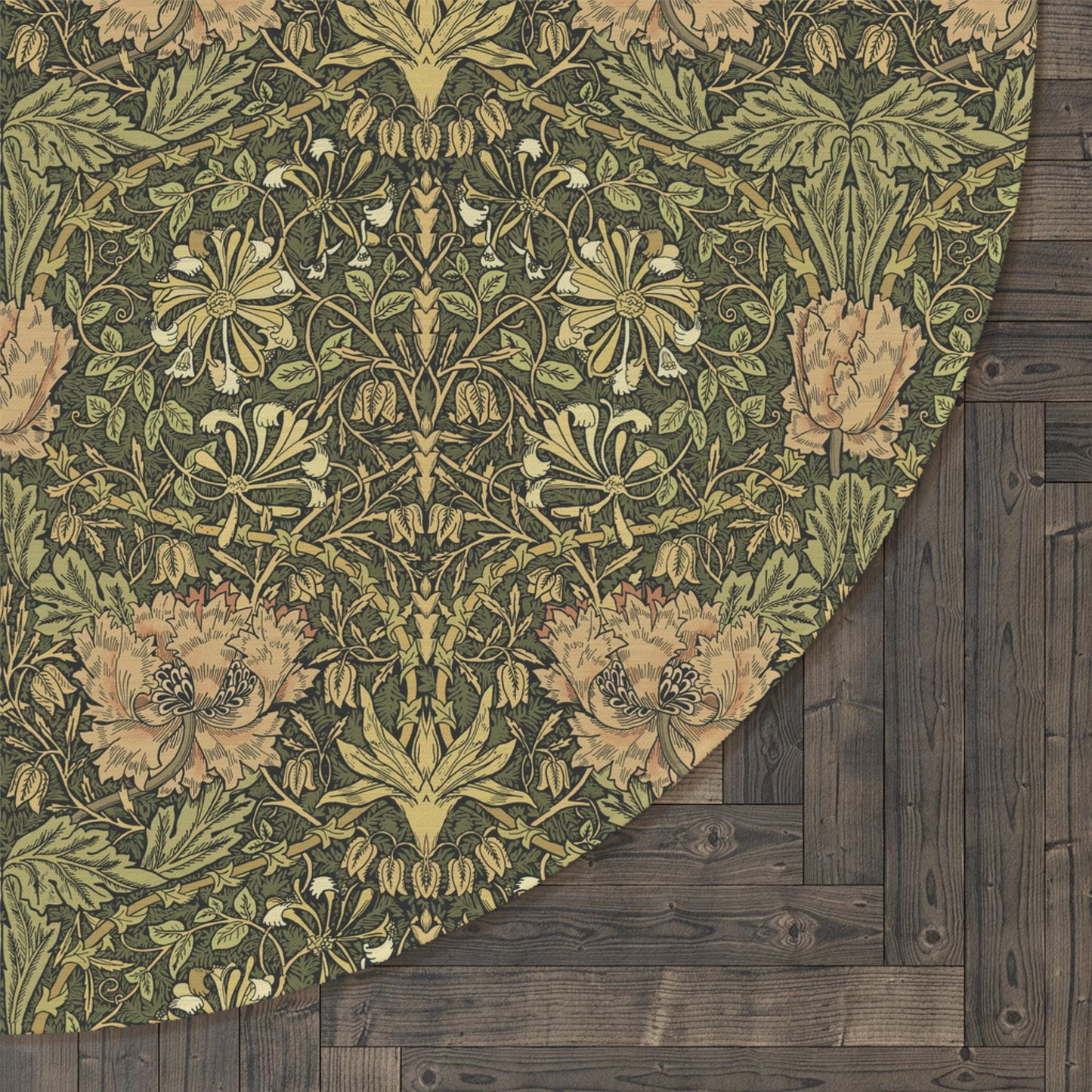 William Morris Chenille Mat: Moss Green Floral Round Area Rug
