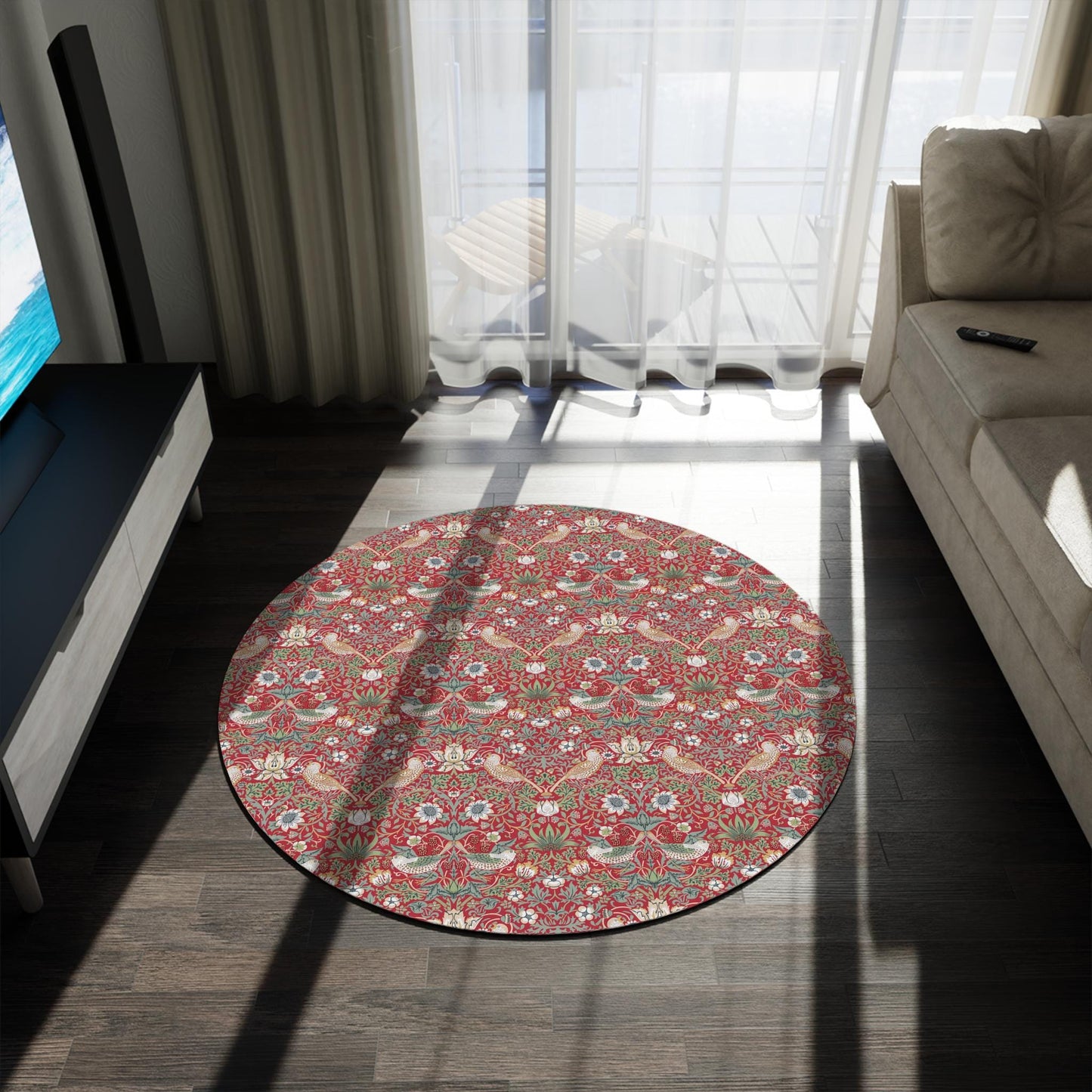 William Morris Strawberry Thief Rug, Red Floral Round Rug