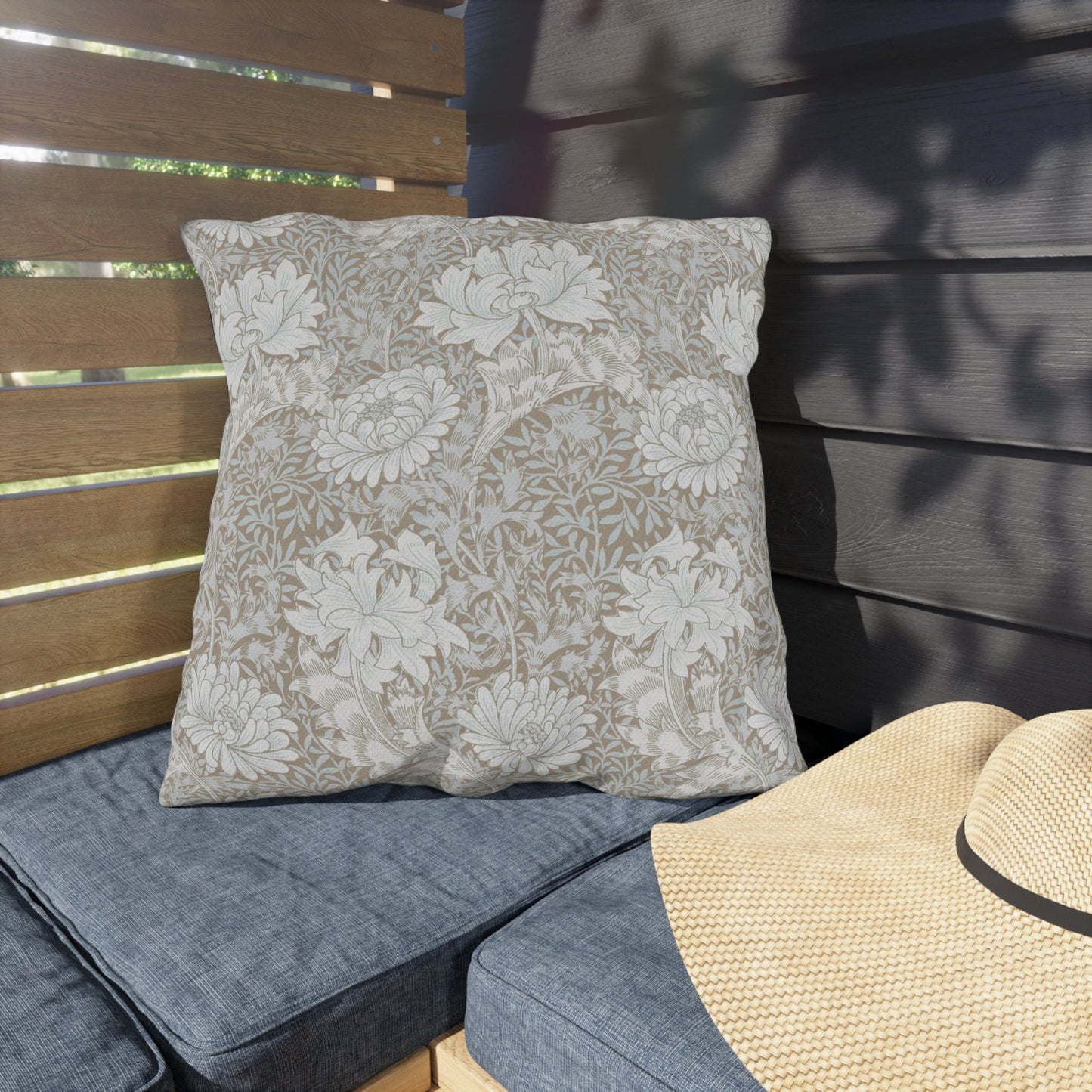 William Morris Neutral Chrysanthemum Outdoor Pillow - UV and Mildew Resistant Throw Pillow Garden Decor