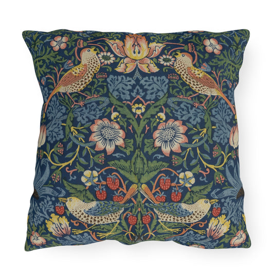 Strawberry Thief Waterproof Pillow - Outdoor Patio Throw Pillow Deep Blue William Morris Cushion