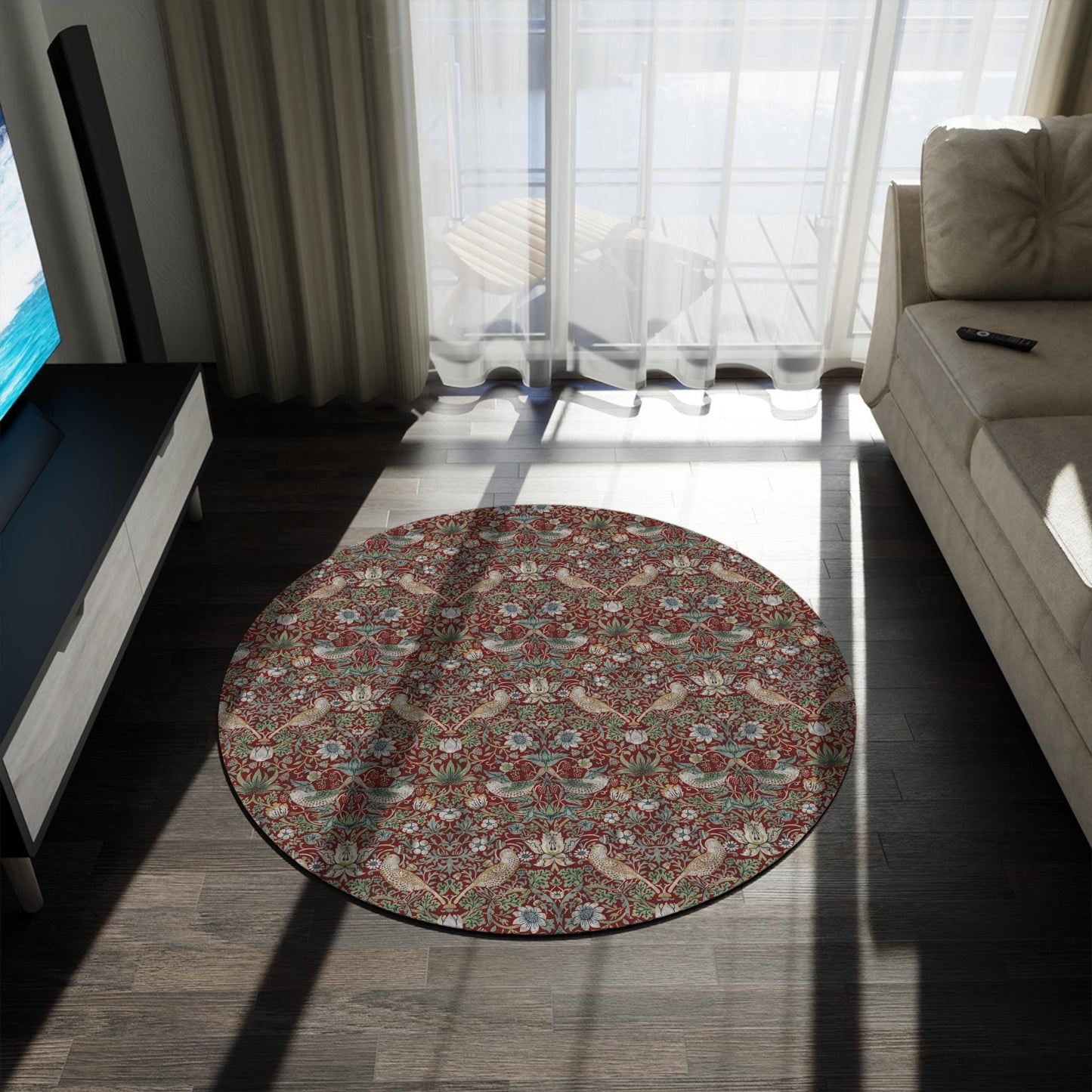Burgundy Strawberry Thief Round Rug: William Morris Maximalist Decor