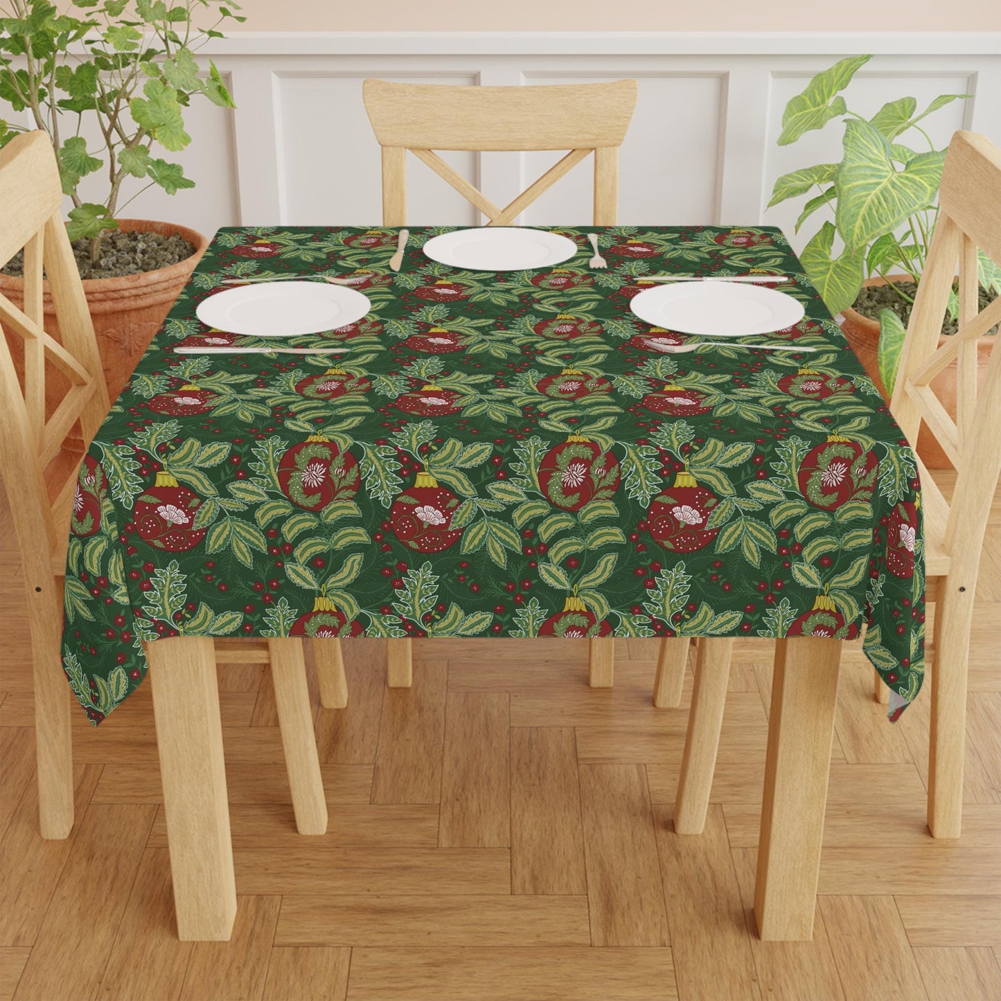 Christmas Tree Ornaments Tablecloth, Morris Style Ornaments Decor Dining Linens, Art Deco Design