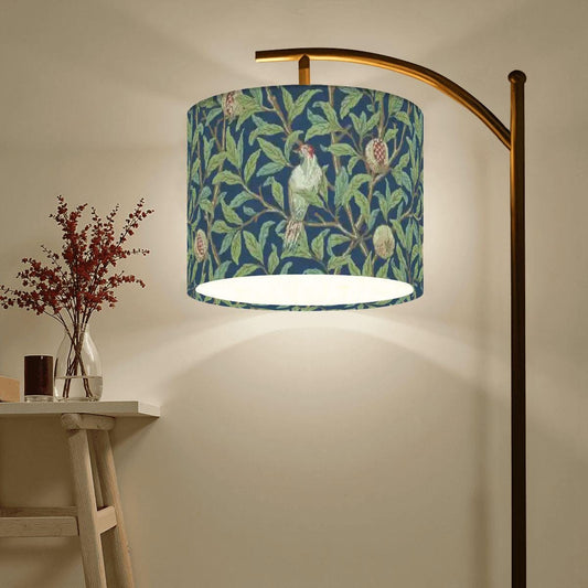 William Morris Arc Floor Lamp: Bird and Pomegranate Shade, Remote, USA Made