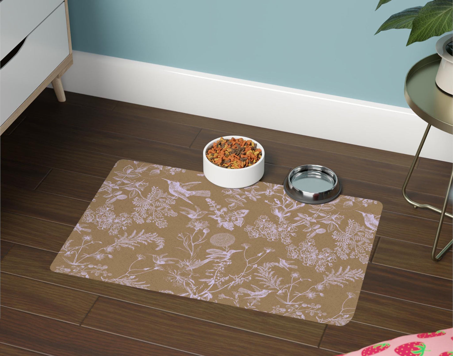 Hummingbird Toile Pet Mat: French Country Floral Food Mat (12x18)