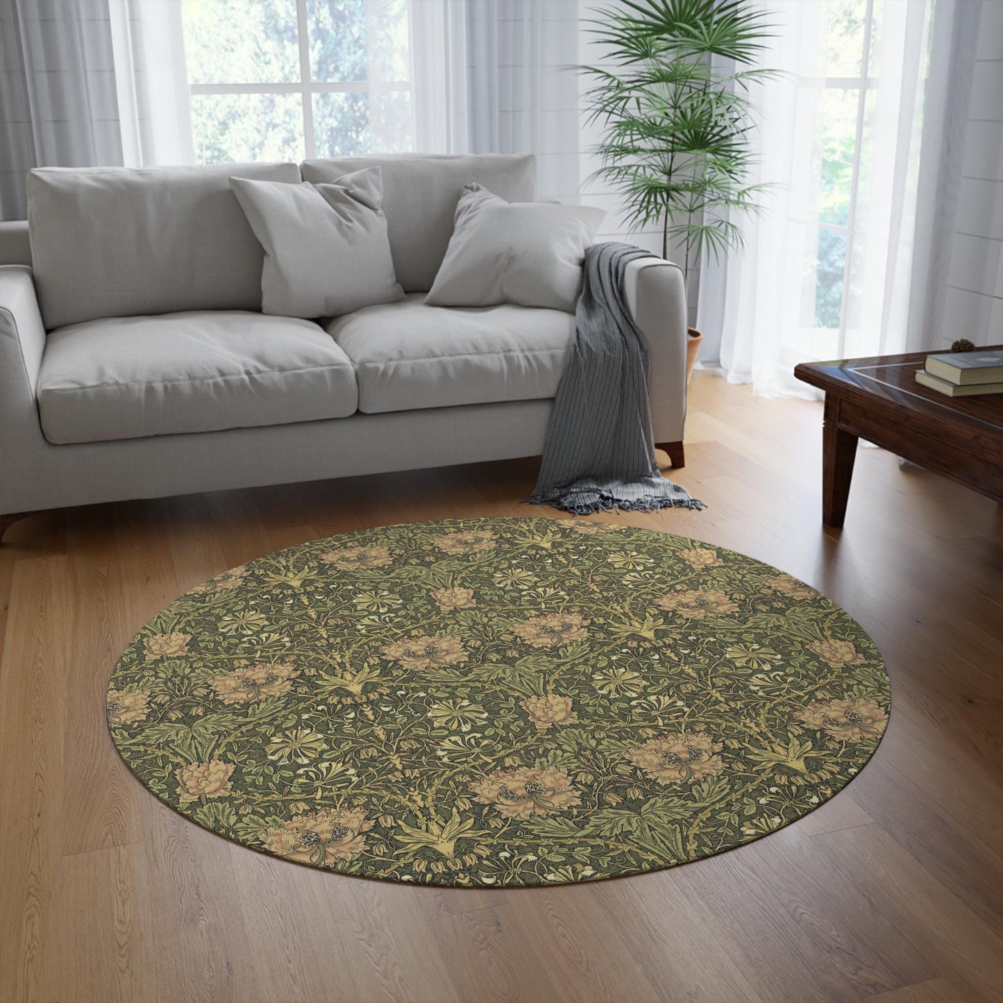 William Morris Chenille Mat: Moss Green Floral Round Area Rug