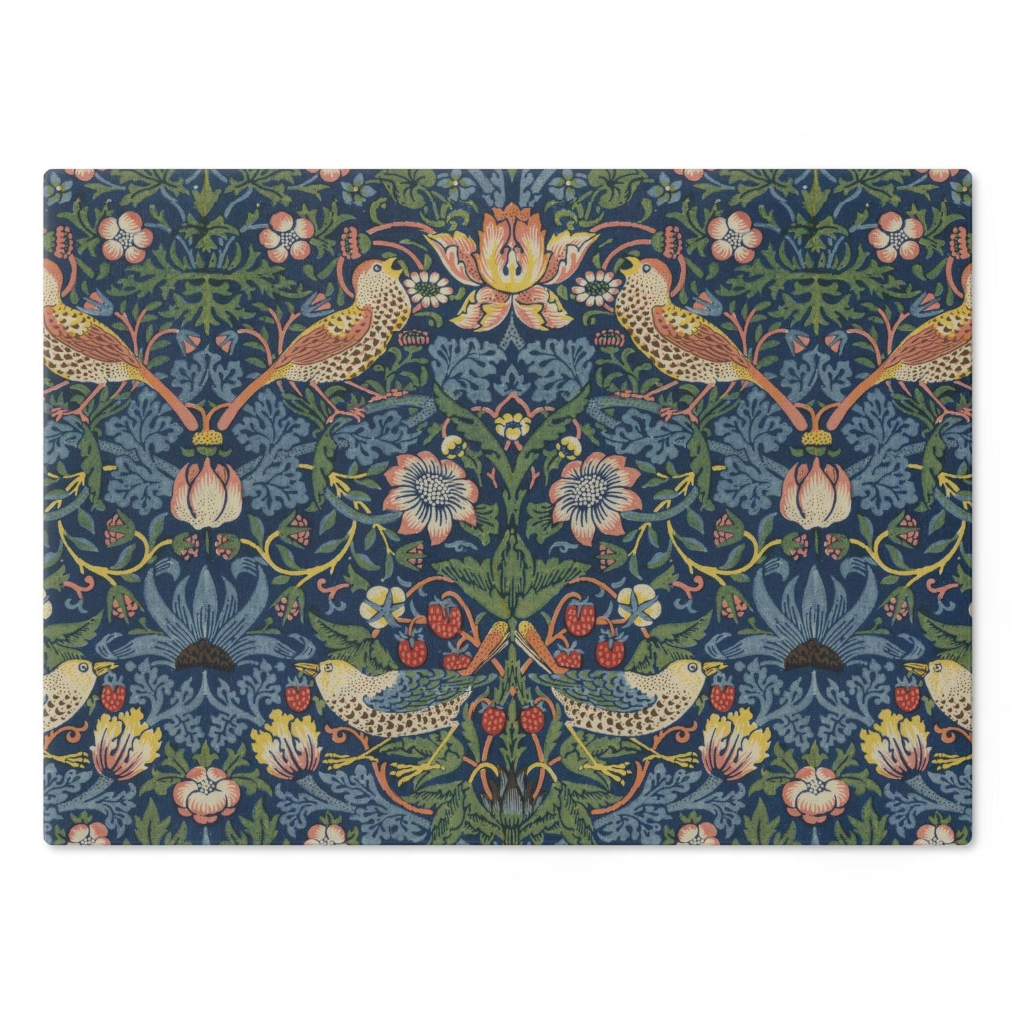 William Morris Strawberry Thief Cutting Board: Indigo Tempered Glass Cheese Board