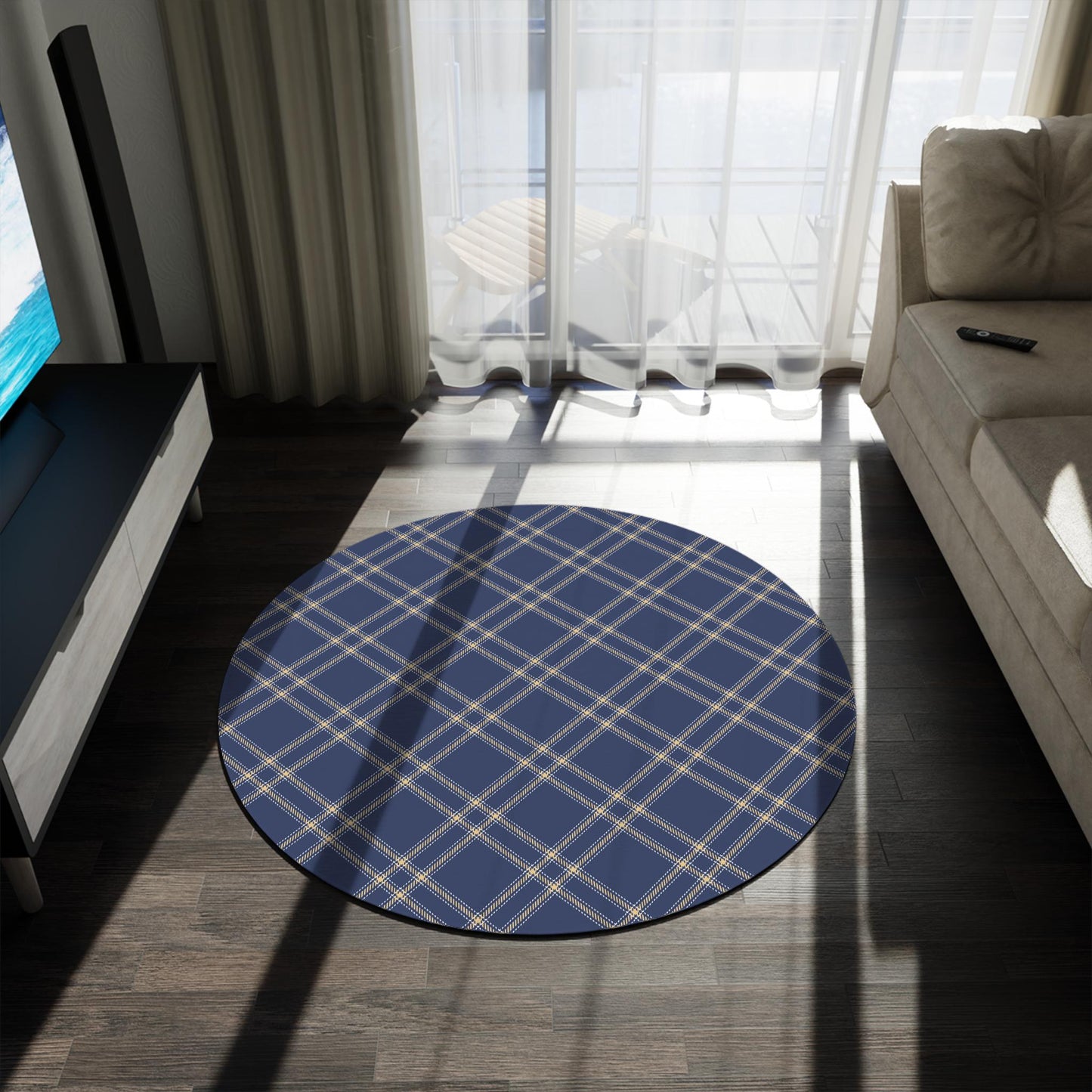 Blue Tartan Plaid Round Rug: Vintage Chenille Area Rug (5x5 ft)
