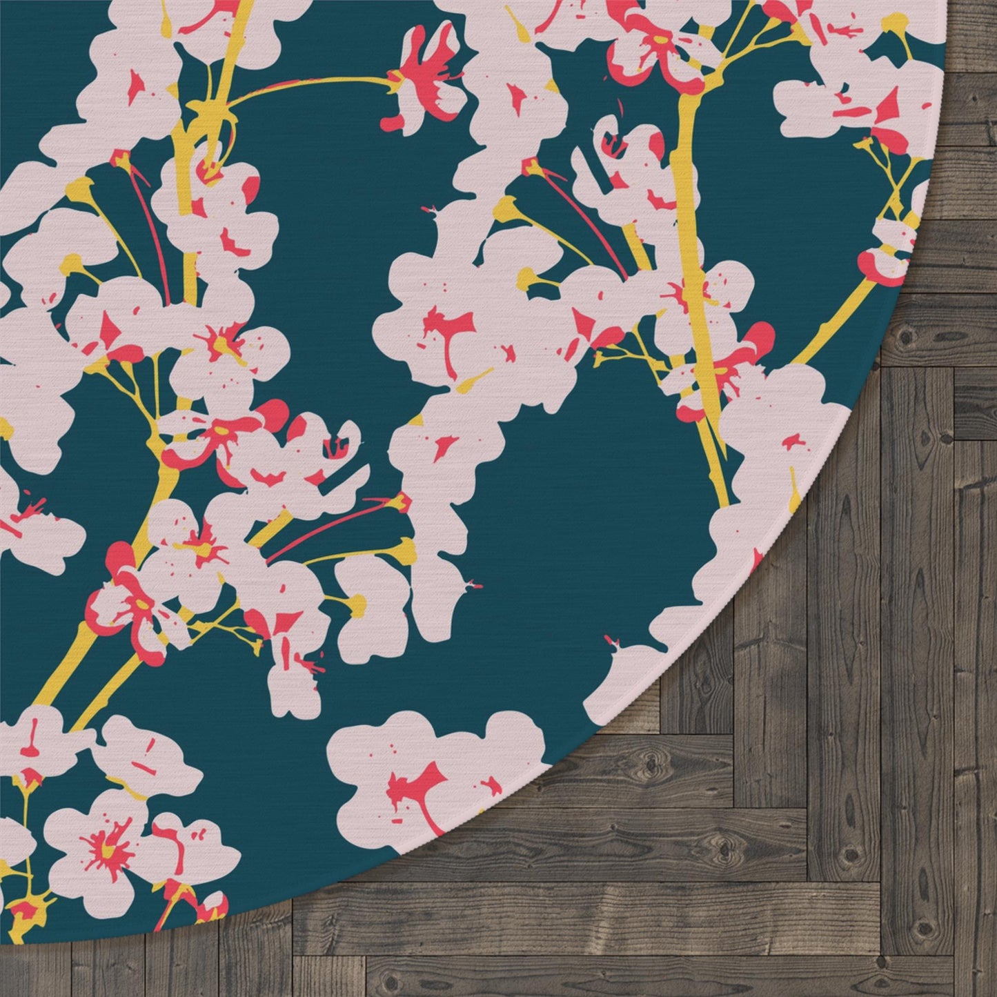 Cherry Blossom Circular Area Rug: Green & Pink Floral Chenille Rug (5x5 ft)