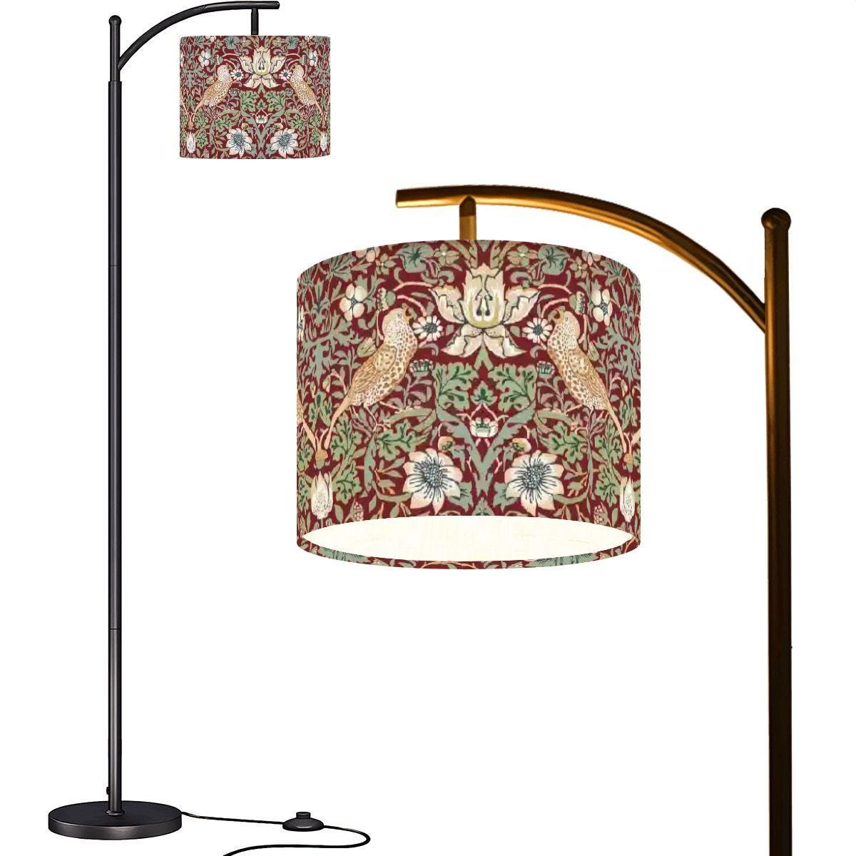 William Morris Arc Floor Lamp: Red Strawberry Thief Fabric Shade