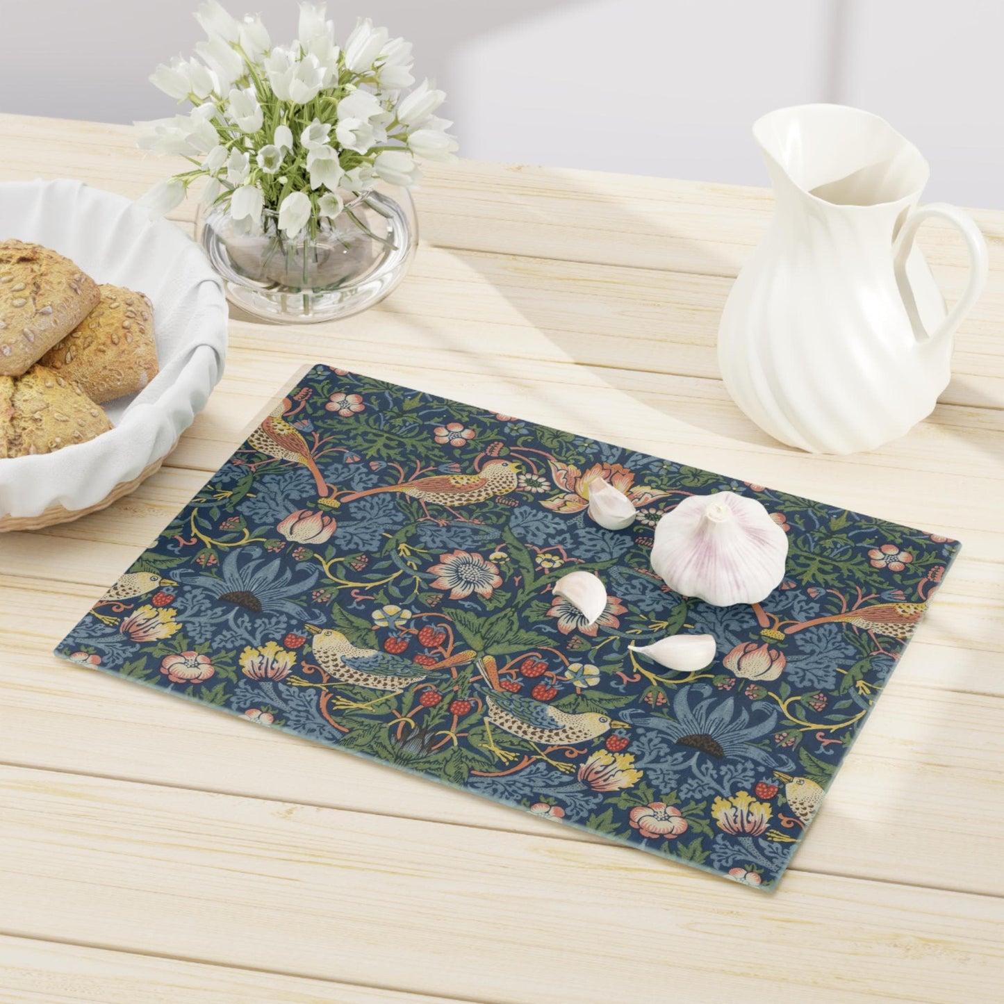 William Morris Strawberry Thief Cutting Board: Indigo Tempered Glass Cheese Board