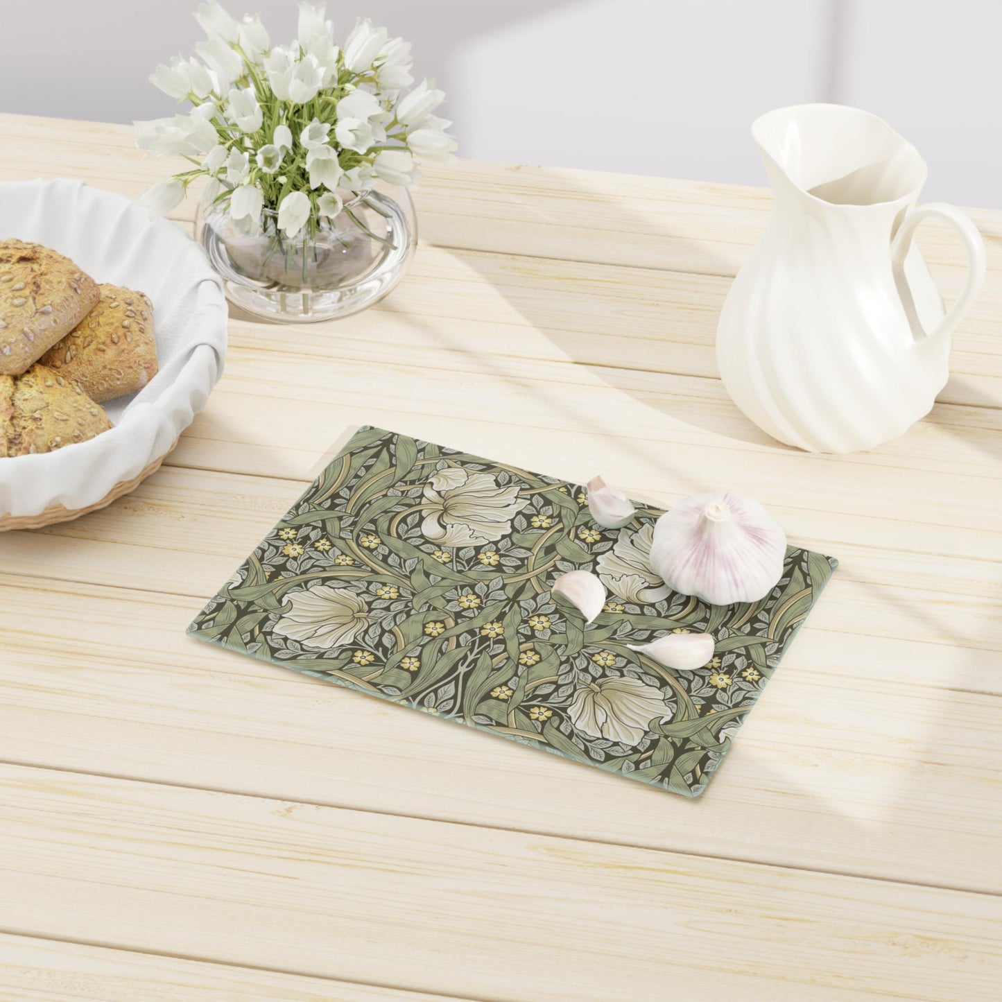 William Morris Cutting Board: Olive Pimpernel Tempered Glass Cheese Board
