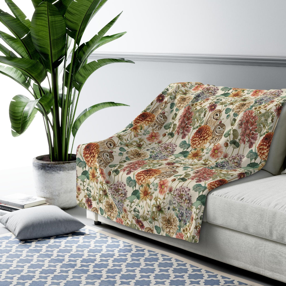 Owls Blanket, Autumn Floral Sherpa Fleece Blanket