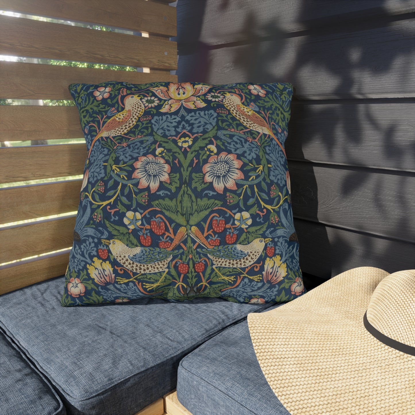 Strawberry Thief Waterproof Pillow - Outdoor Patio Throw Pillow Deep Blue William Morris Cushion