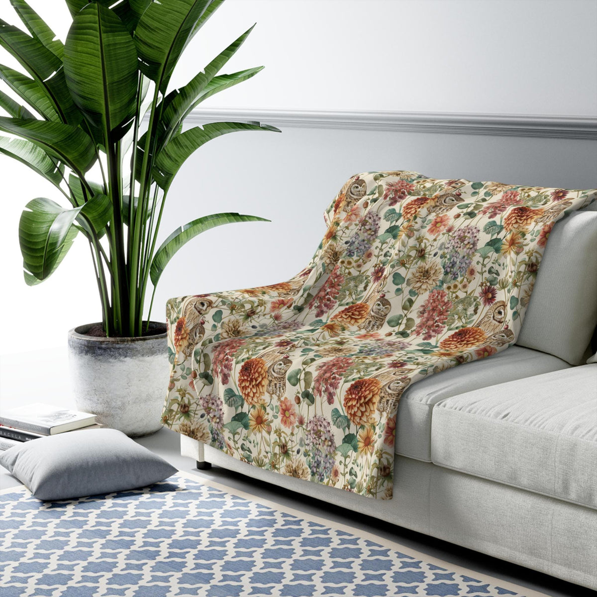 Owls Blanket, Autumn Floral Sherpa Fleece Blanket