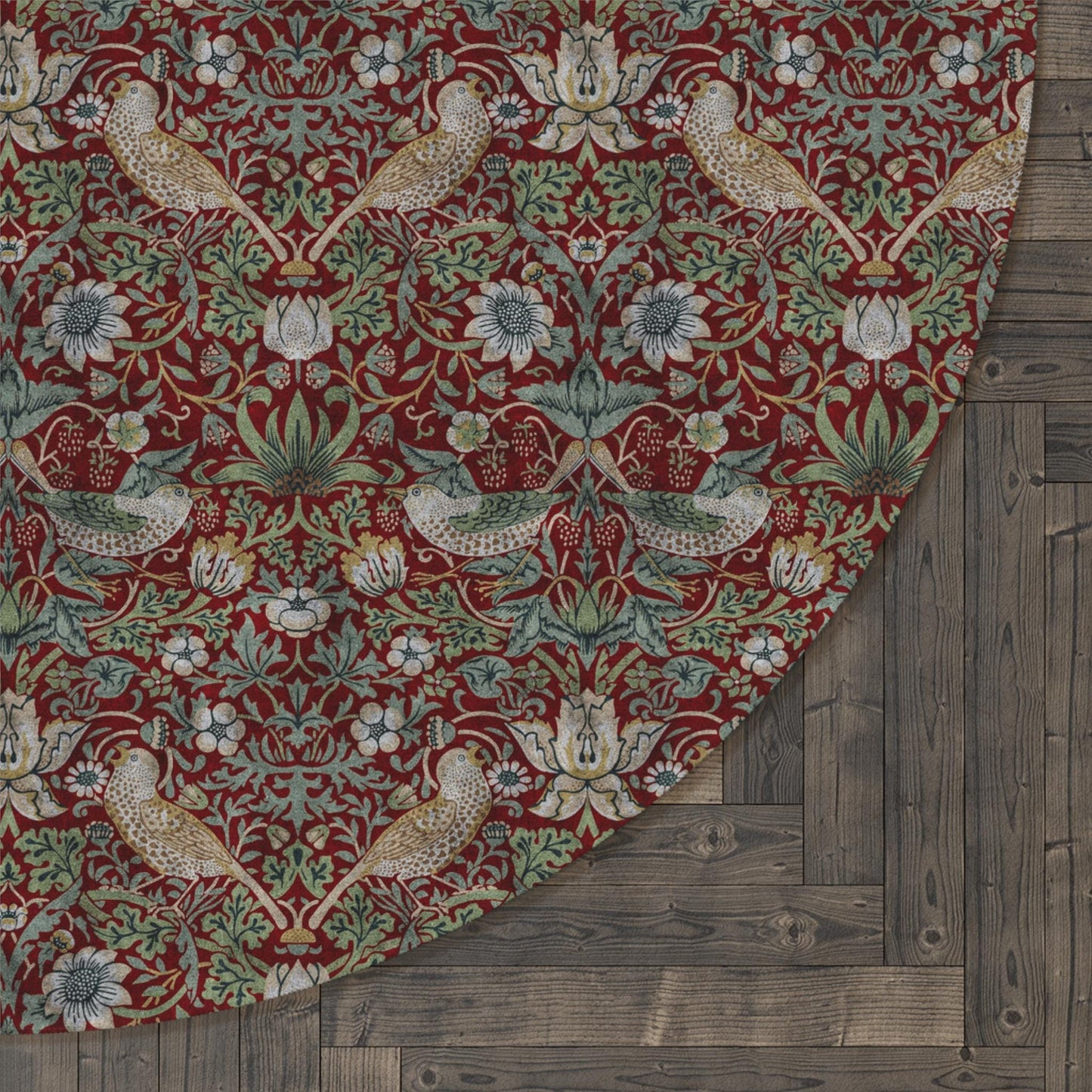 Burgundy Strawberry Thief Round Rug: William Morris Maximalist Decor