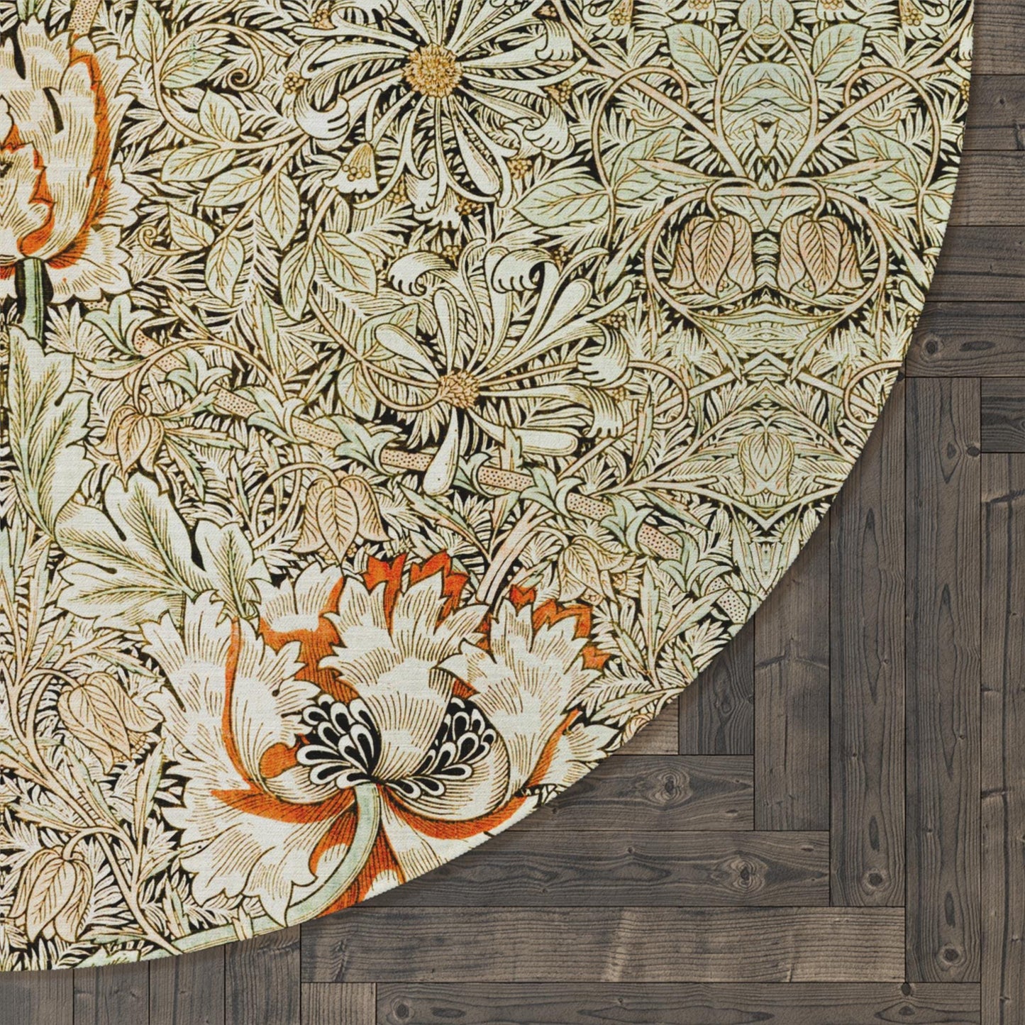 William Morris Round Rug: Honeysuckle Tulip Design, Vintage Style (5x5 ft)