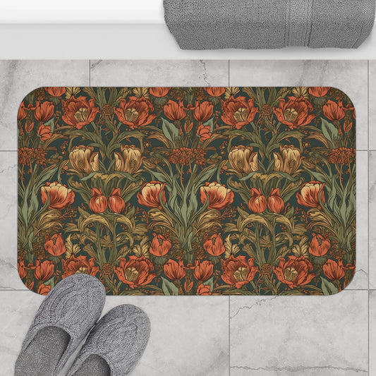 Moody Floral Bath Mat, William Morris Style Microfiber Rug