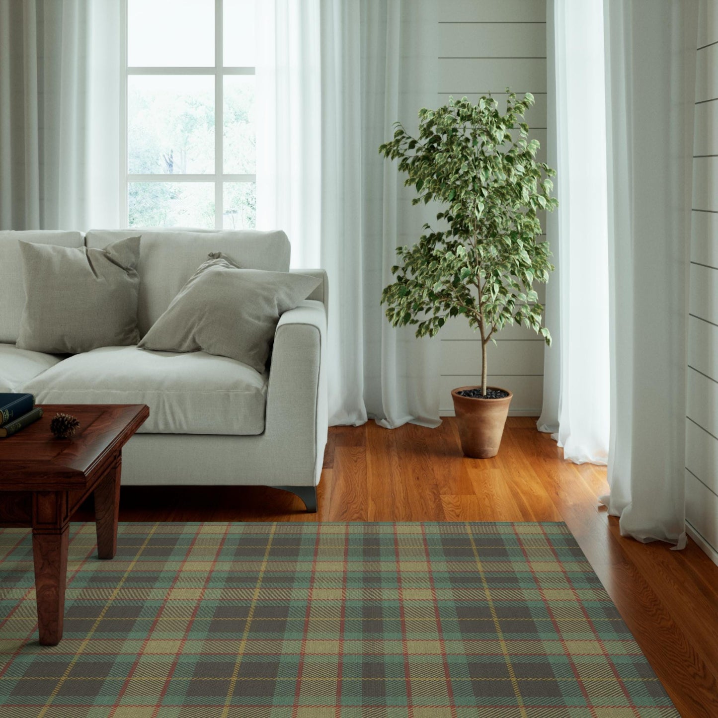 Machine Washable Blue-Green Rug English Preppy Plaid, Thin Foldable