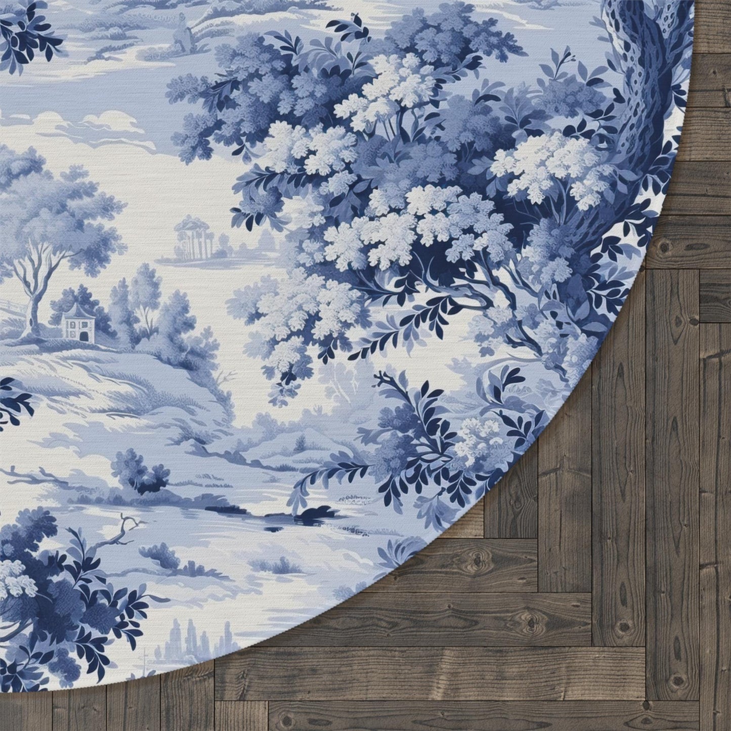 French Country Toile Rug: Blue Chinoiserie Forest, Round Chenille Rug