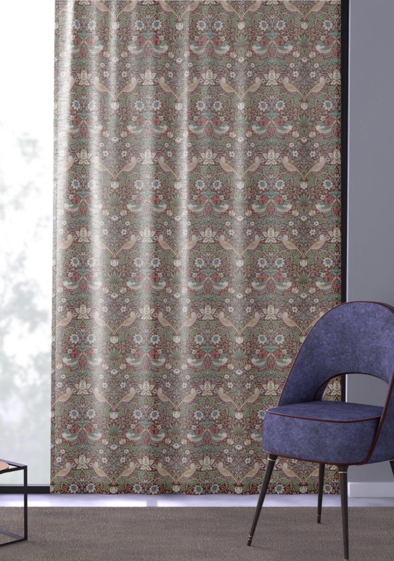 William Morris Red Strawberry Thief Sheer Curtain - Living Room Decor (50" × 84")
