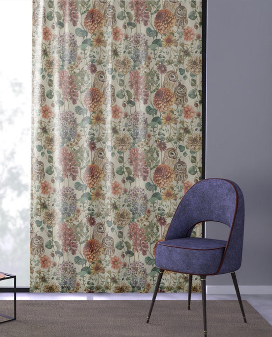 Autumn Floral Owl Sheer Curtain: Cozy Polyester Voile - 50" × 84"