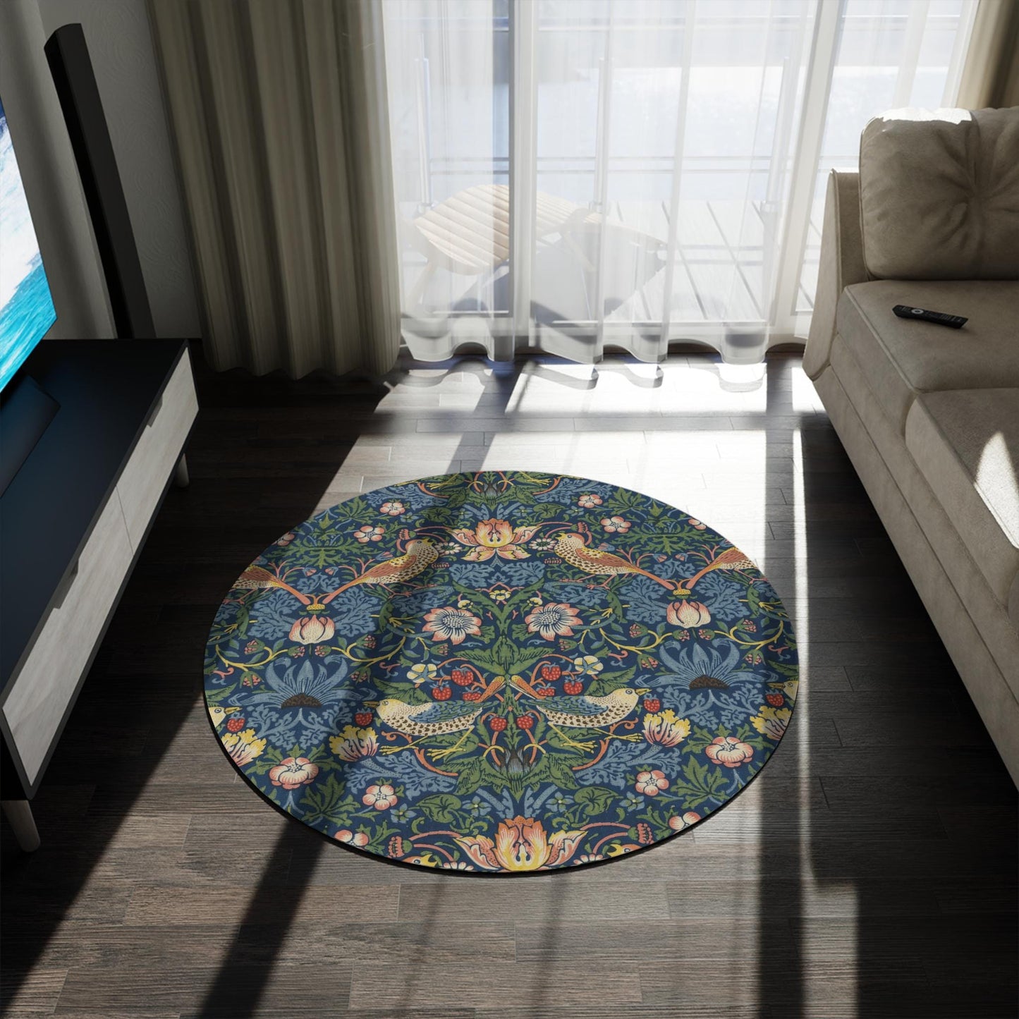 Indigo Strawberry Thief Round Mat, William Morris Rug, Maximalism Decor