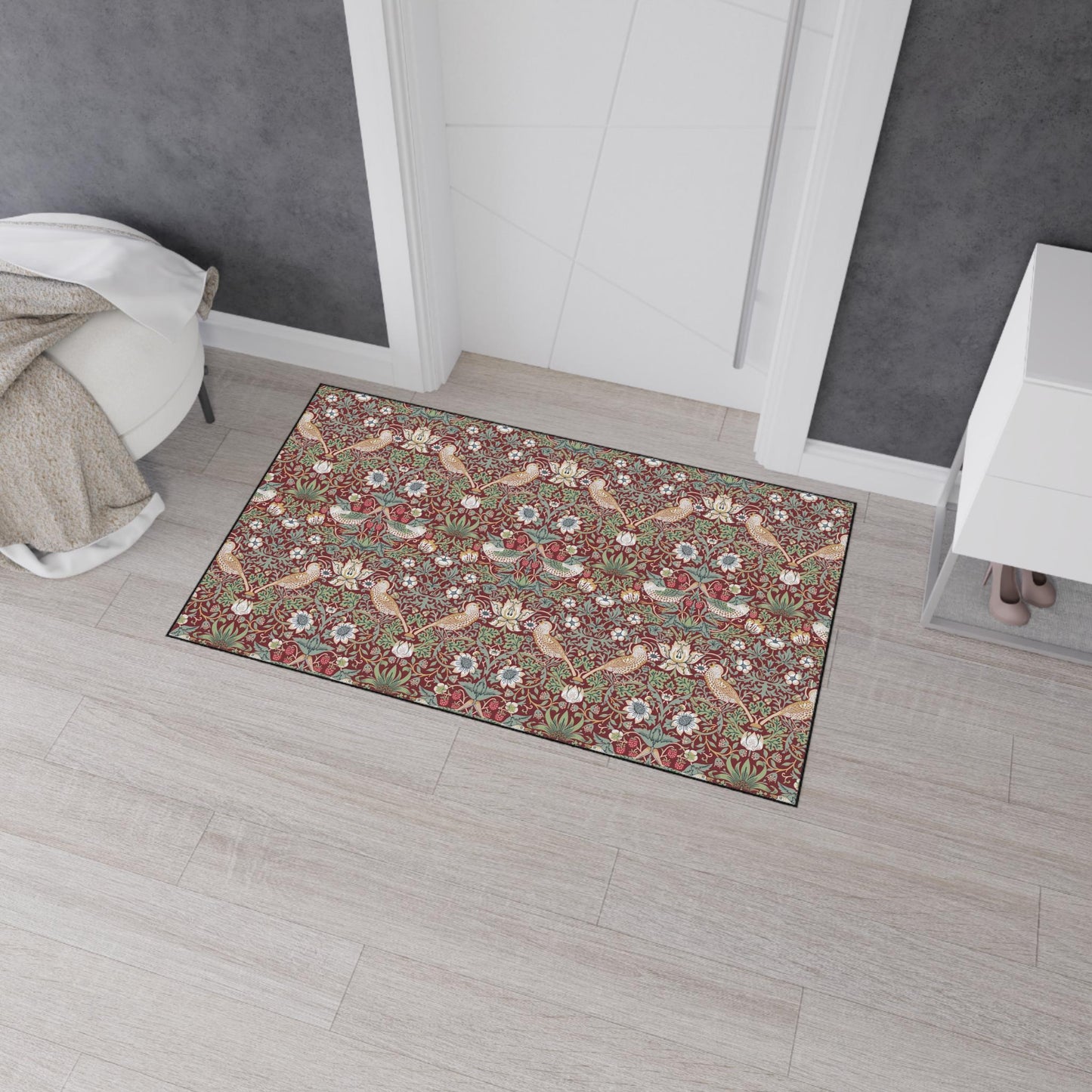 William Morris Strawberry Thief Mat: Burgundy Red Maximalist Rug