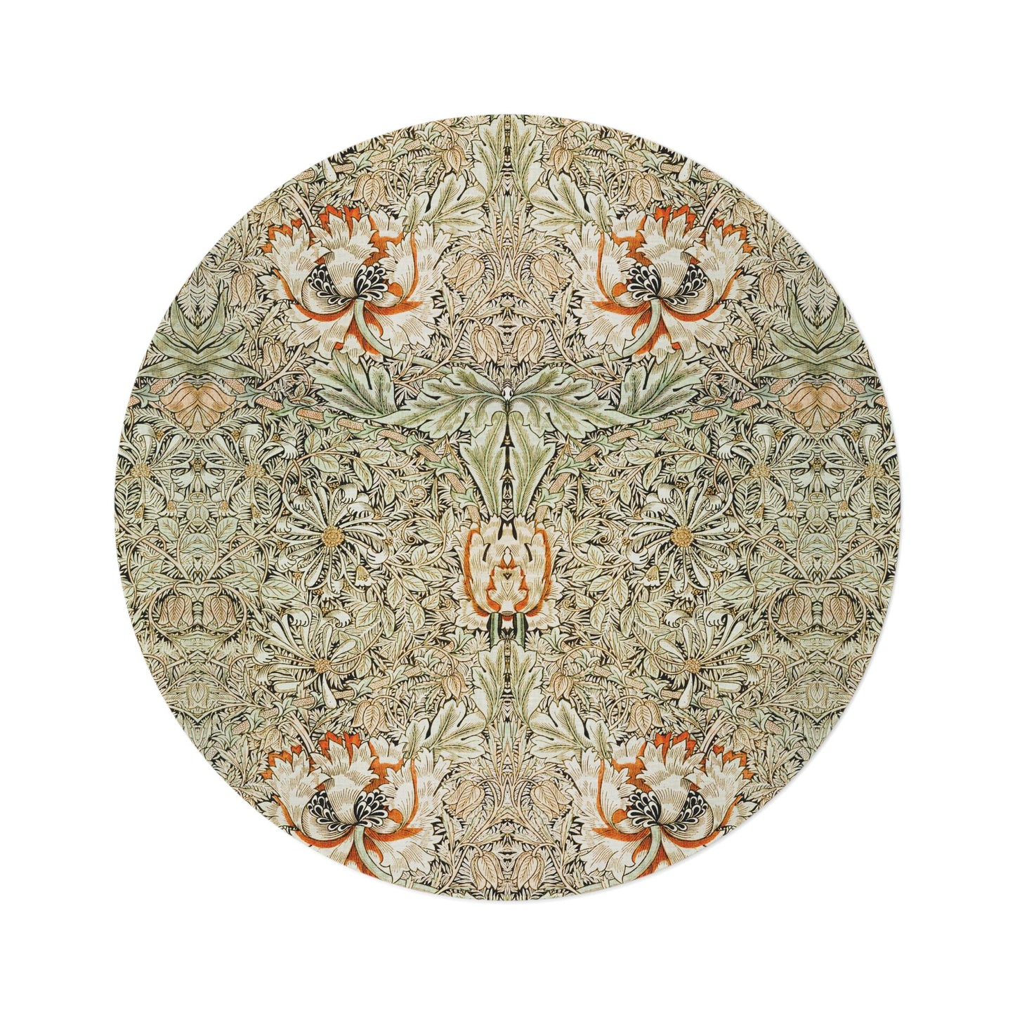 William Morris Round Rug: Honeysuckle Tulip Design, Vintage Style (5x5 ft)