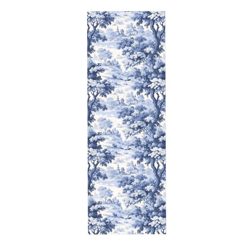 French Country Toile Runner Rug: Silky Blue Chinoiserie, Eco-Latex Backed