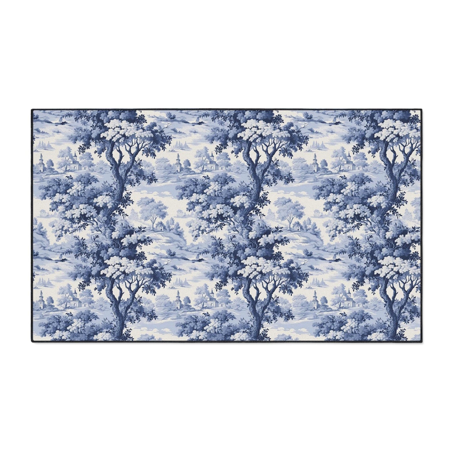 Blue Toile Chinoiserie Kitchen Rug: French Forest Heavy Duty Mat