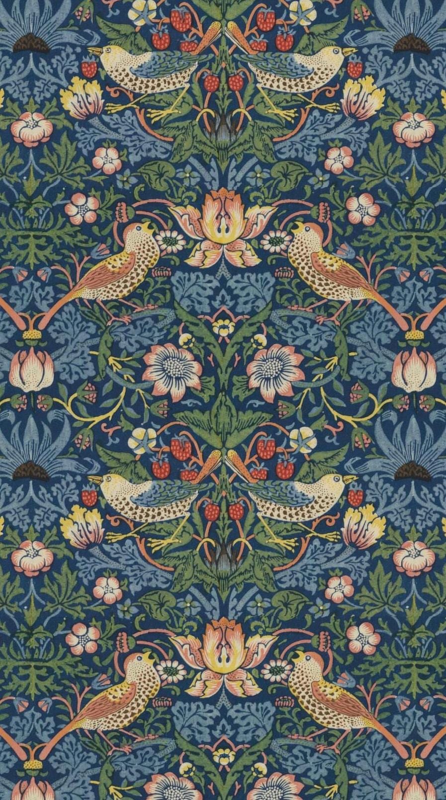 William Morris Strawberry Thief Mat: Blue Faux Velvet Runner for Kitchen/ Bath