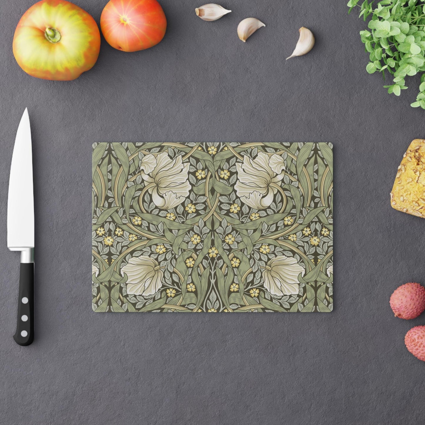 William Morris Cutting Board: Olive Pimpernel Tempered Glass Cheese Board