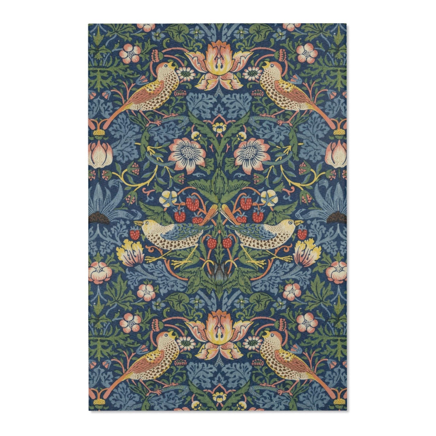 Strawberry Thief Indigo Rug, Flat Profile, Large William Morris Rug in Blue and Green