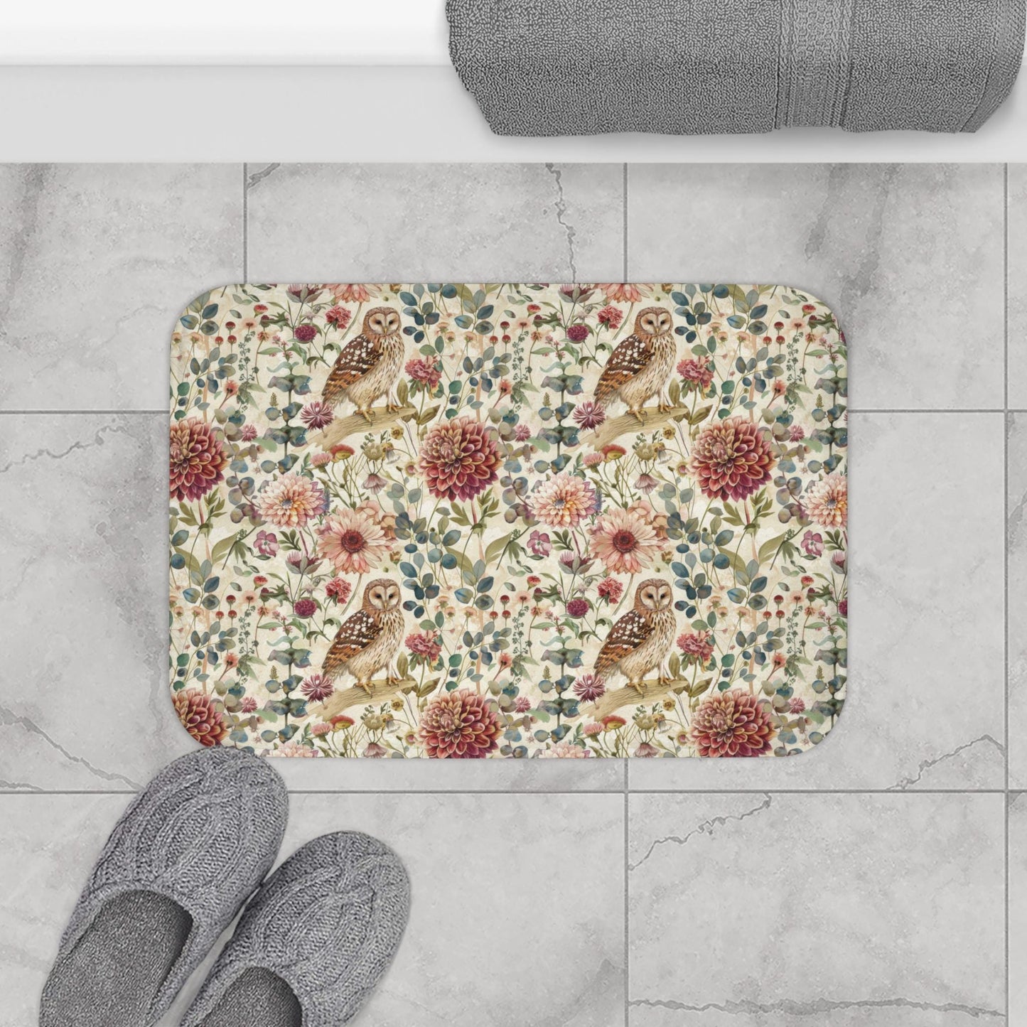 Floral Owl Bath Mat - Microfiber Two Sizes Bath Rug
