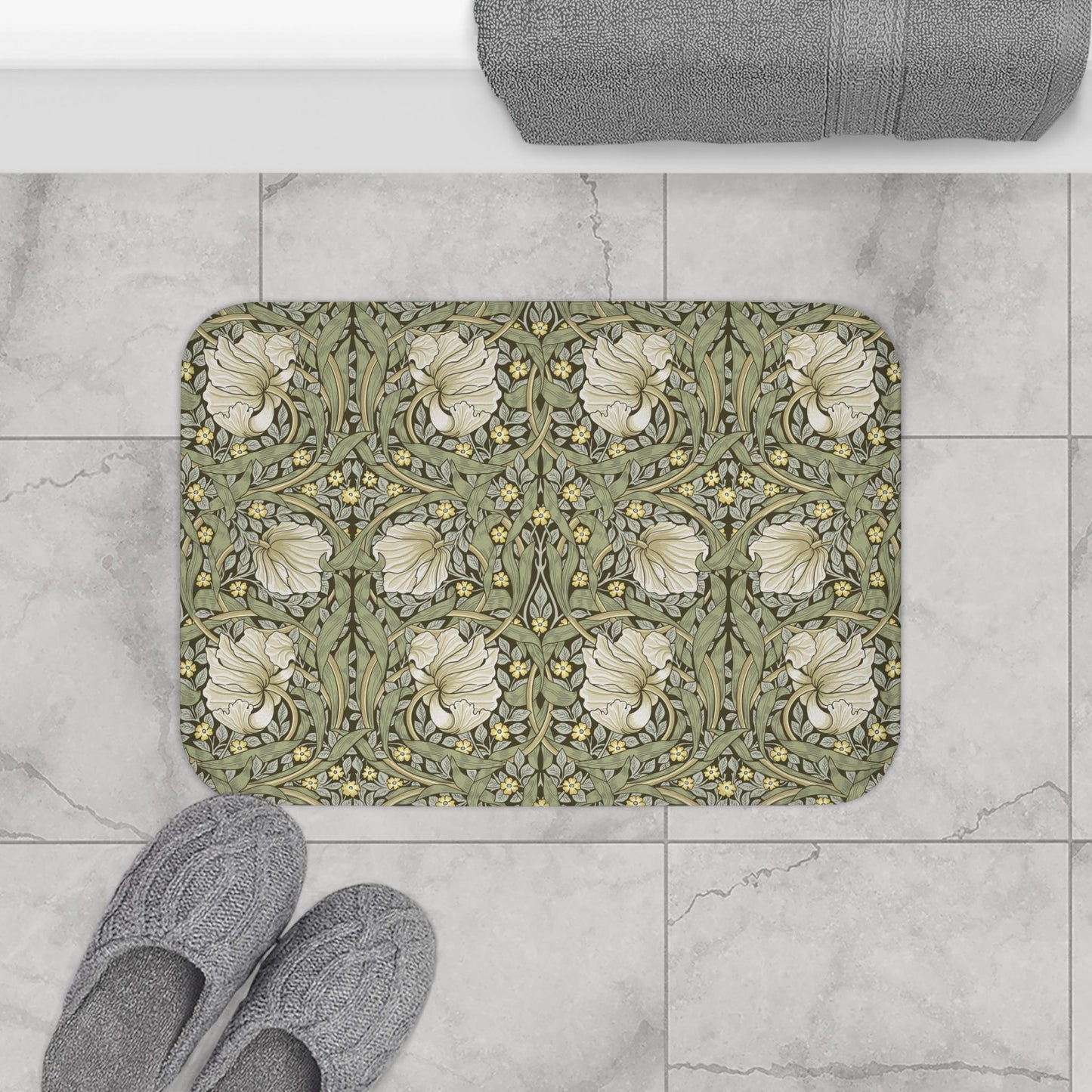 Soft Olive Pimpernel Bath Mat - Luxury William Morris Design, Microfiber Rug