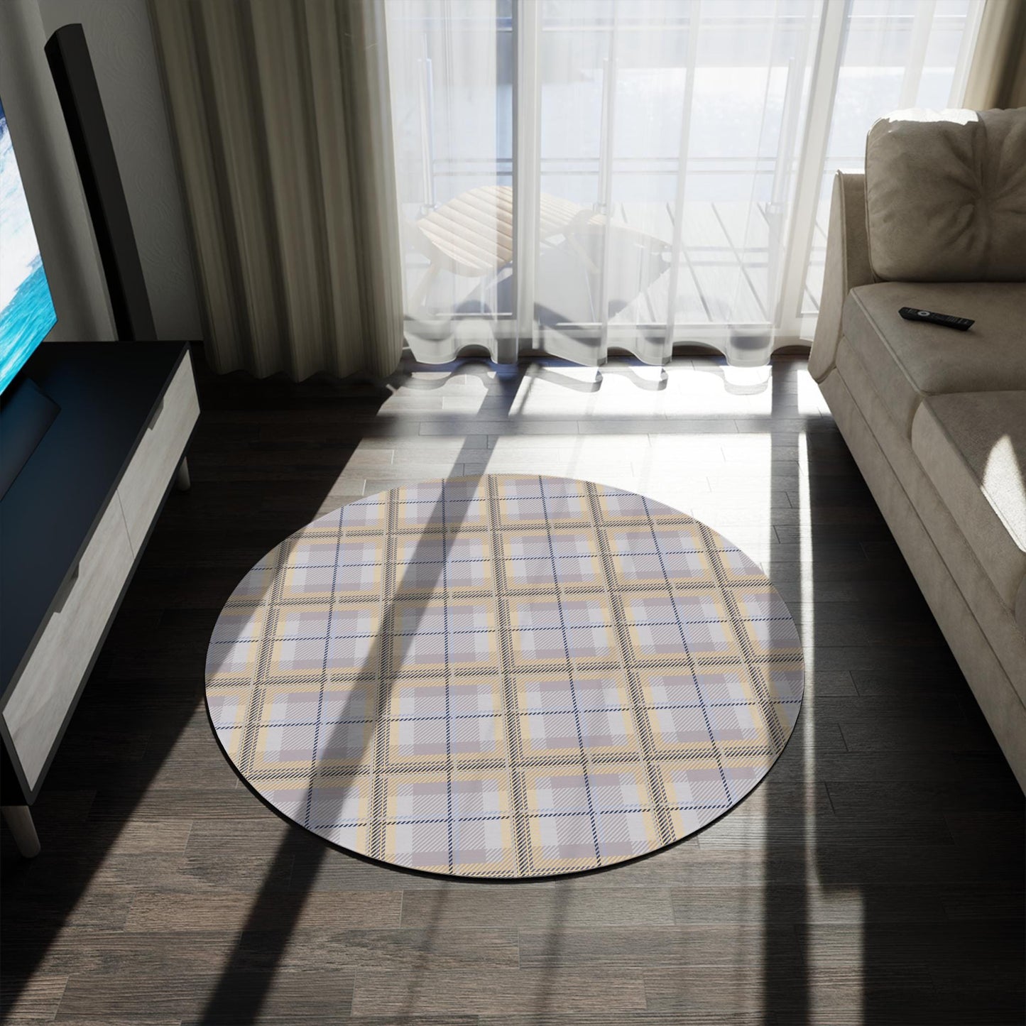 Vintage Style Plaid Chenille Rug: Neutral Lavender Accent Rug