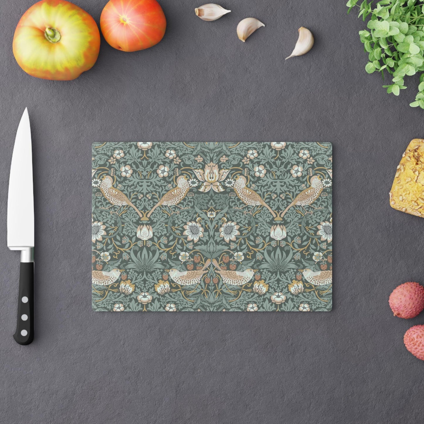 William Morris Strawberry Thief Cutting Board: Teal Tempered Glass Cheese Board