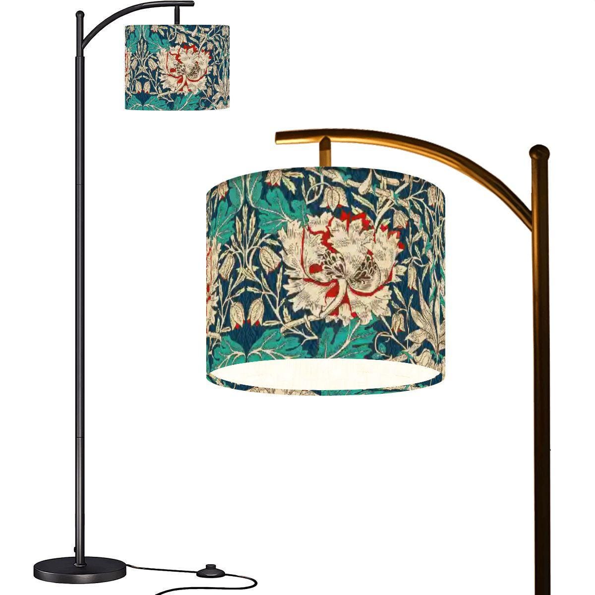 William Morris Arc Floor Lamp (Made in USA) Green and Navy Honeysuckle Large Floral