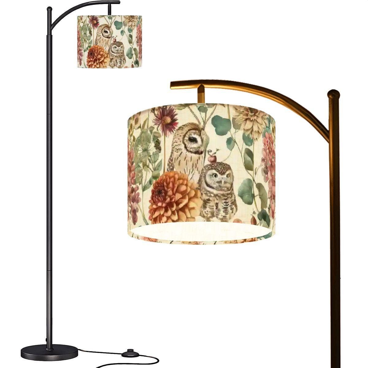 Autumn Owl Floral Arc Floor Lamp (Made in USA) Fabric Shade, Black Metal