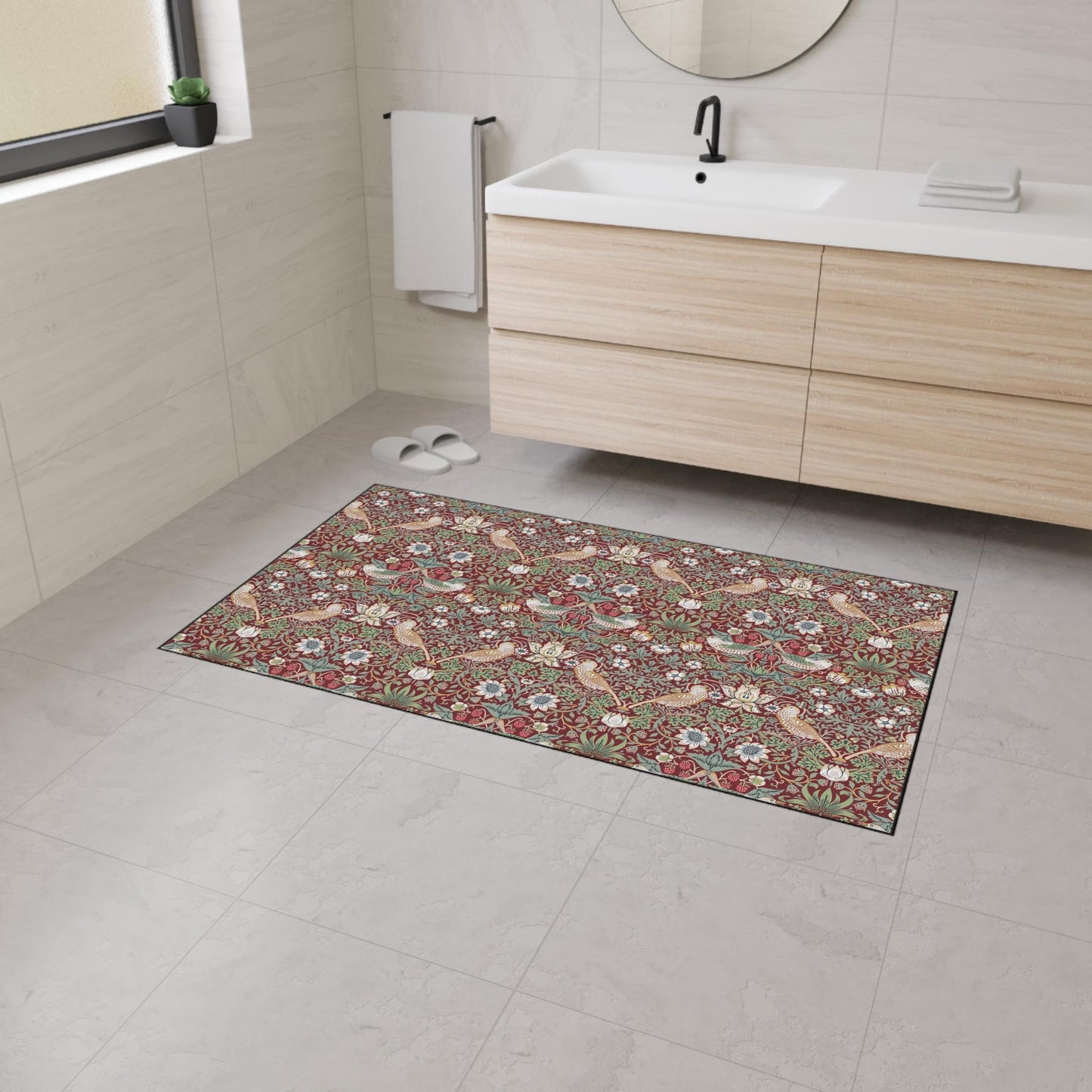 William Morris Strawberry Thief Mat: Burgundy Red Maximalist Rug