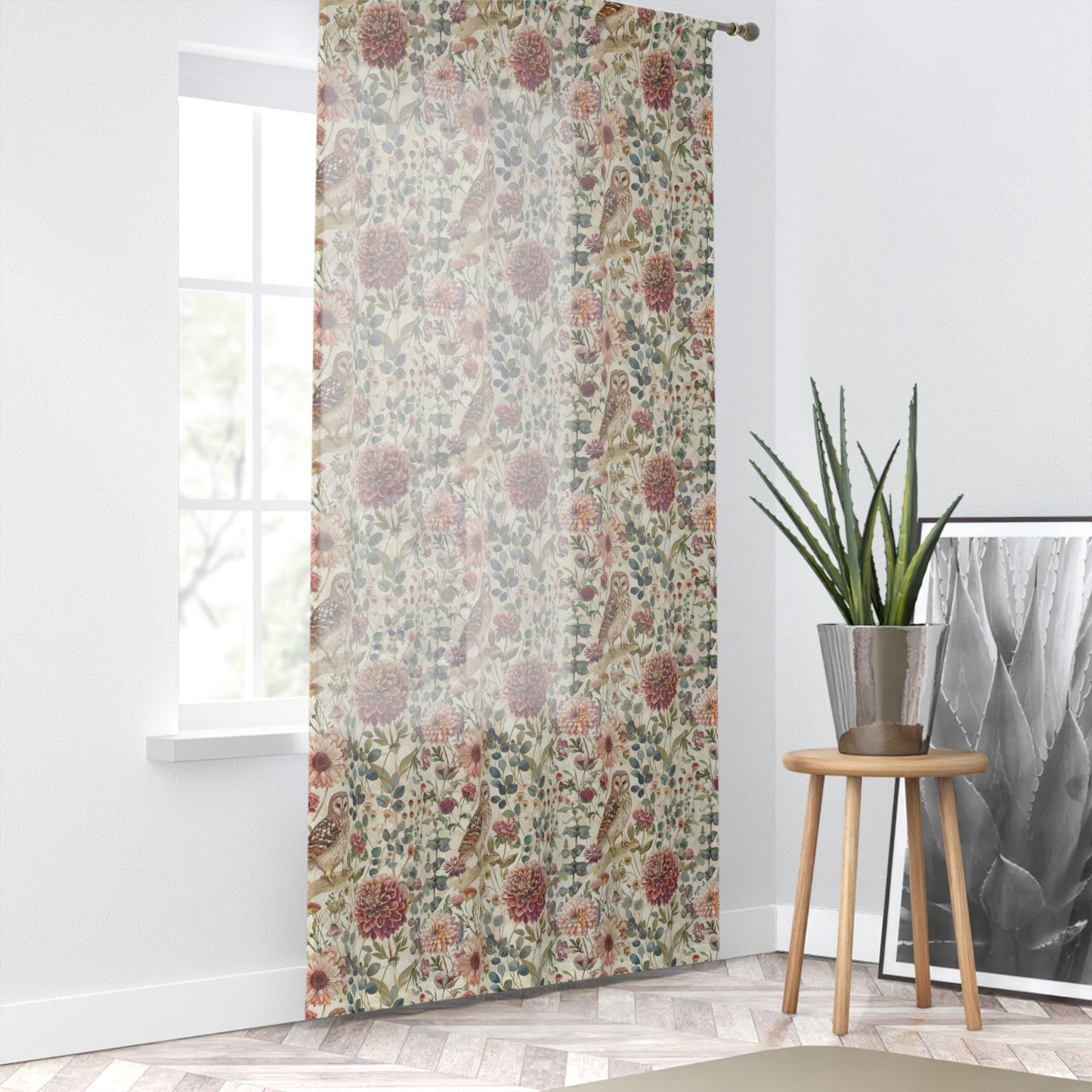 Autumn Floral Owl Sheer Curtain: Farmhouse Style Voile Drape