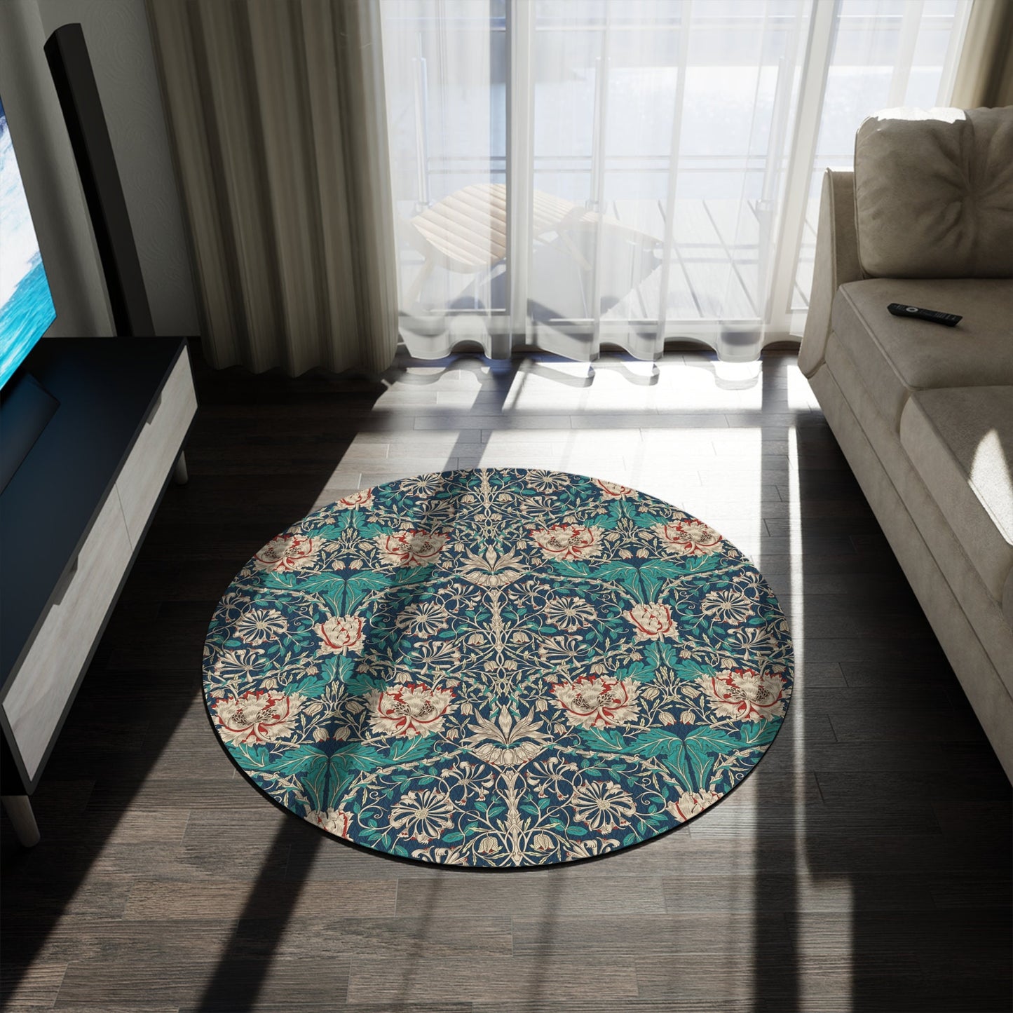 Teal Honeysuckle Rug, William Morris Round Flat Profile Mat Rug, Maximalist Decor