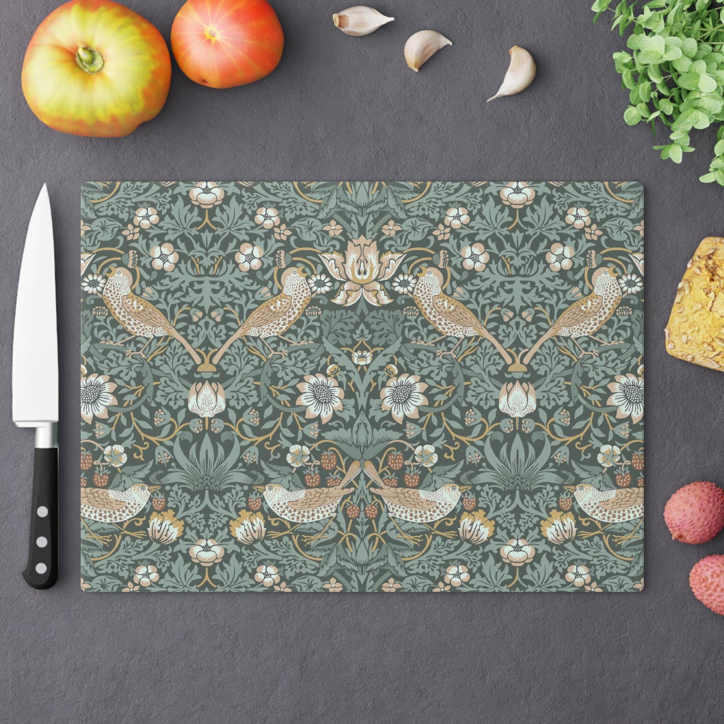 William Morris Strawberry Thief Cutting Board: Teal Tempered Glass Cheese Board