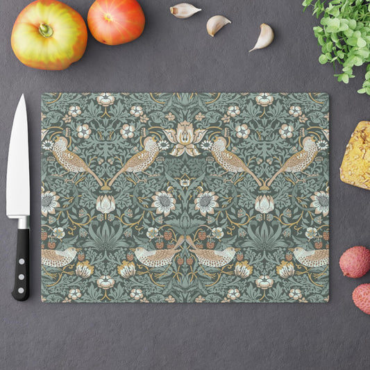 William Morris Strawberry Thief Cutting Board: Teal Tempered Glass Cheese Board