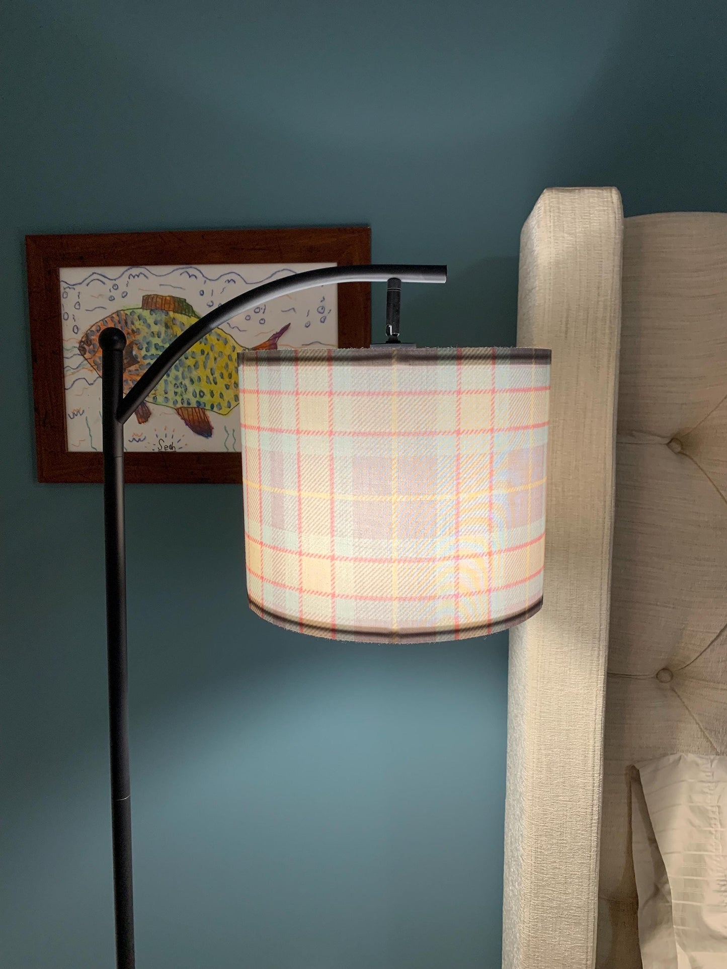 English Plaid Arc Floor Lamp, Blue Green Fabric Shade, Black Metal, Remote, Moody MCM