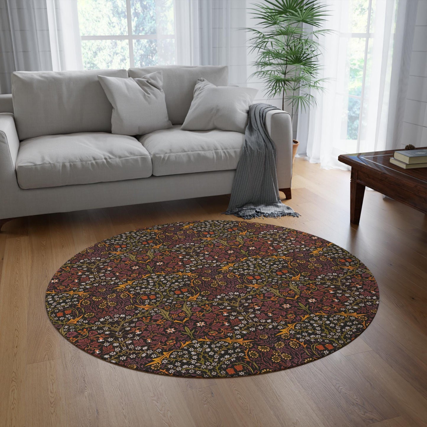 William Morris Blackthorne Round Rug: Wine Floral Accent Carpet (5x5 ft)
